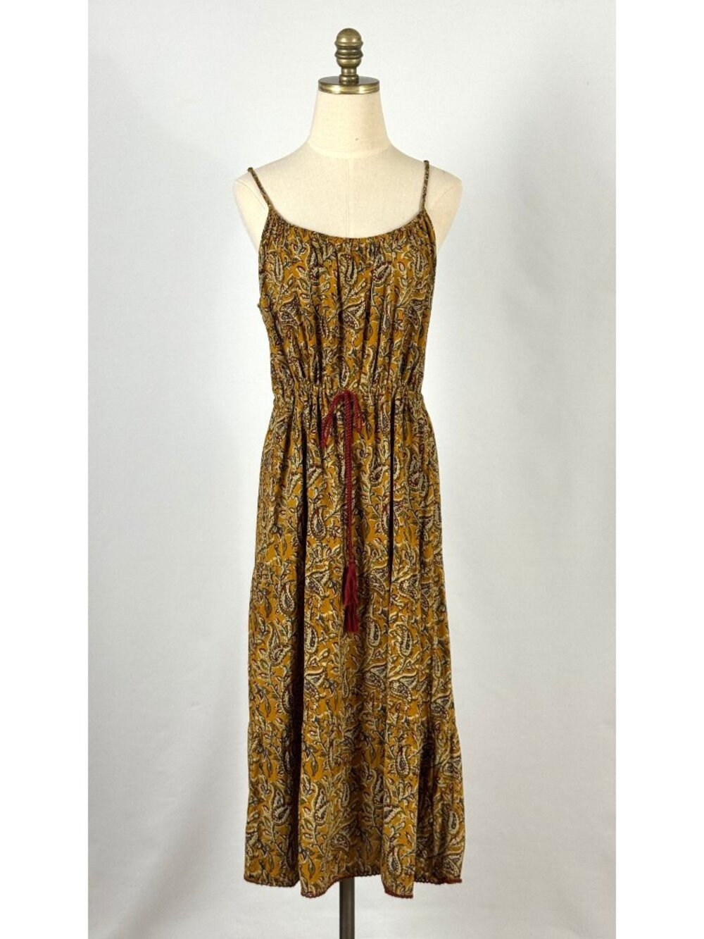 Natural Life Mustard Yellow Paisley Block Print Dress Drawstring Waist Tassels